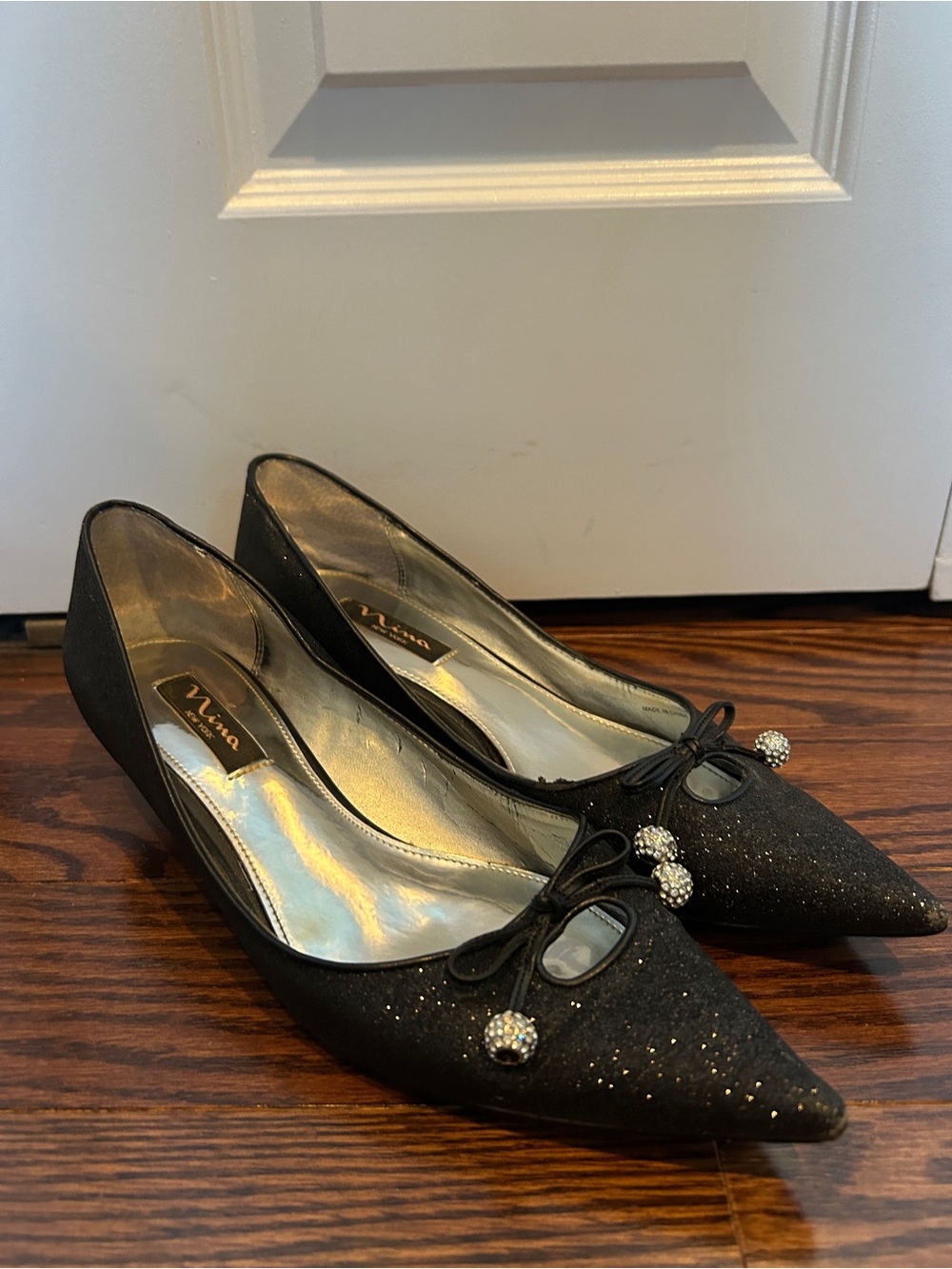 Nina Black Glitter Pointed Toe Flats with Rhinestone Ball Charms